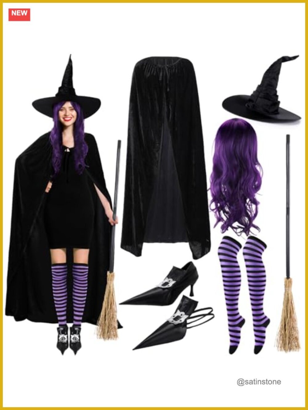 Halloween Witch Costume Set Velvet Cape Hat Broom Wig Tights Adults